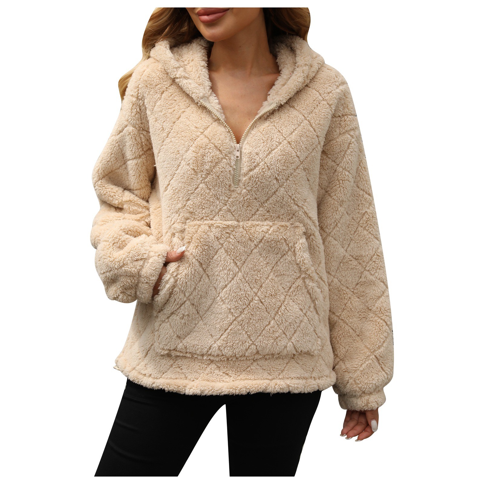 thumbnail image 1 of Sudadera con capucha y media cremallera holgada para mujer - Chaqueta informal y cómoda para el frío, 1 of 8
